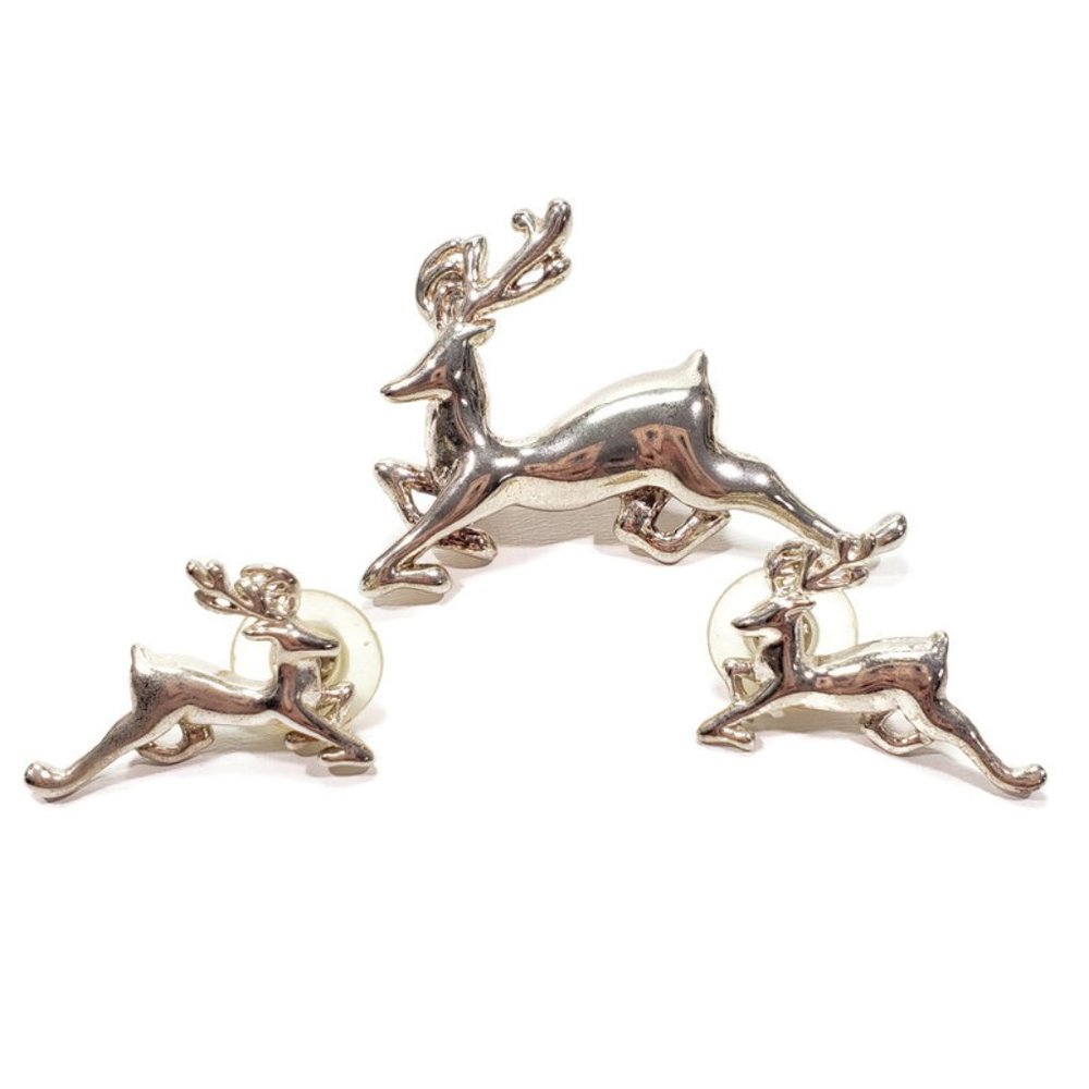 Silver Reindeer Brooch Pendant Earring Set